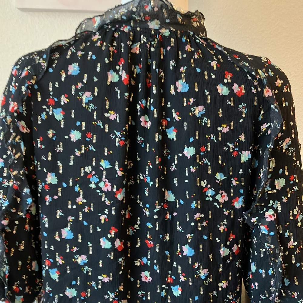 Sezane Josephine Mini Dress Silk Low Cut Ruffles Black w/ Pink Size FR 36 = US 4 - Picture 5 of 13
